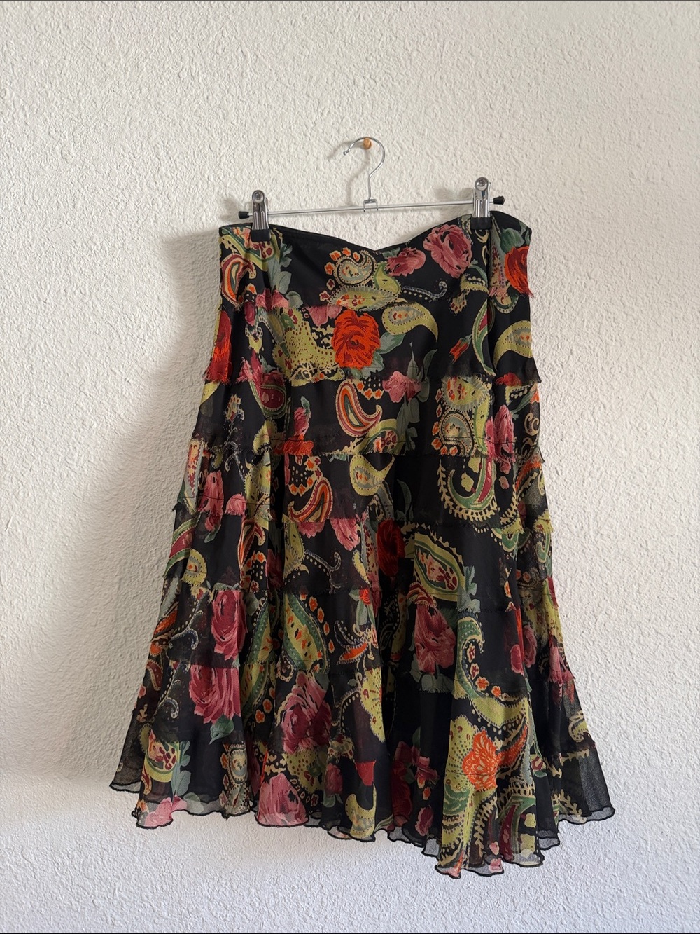 Jasmine Black Paisley & Floral Tiered Skirt with Green and Pink Accents